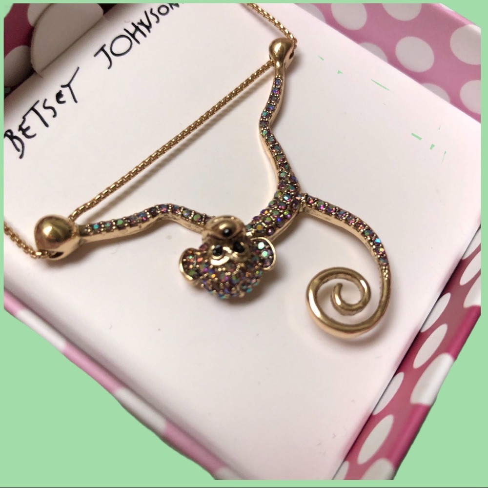 🐒 BETSEY JOHNSON | Pave Monkey Acrobat On Bar Pendant Necklace Gold Tone Chain - Picture 6 of 11